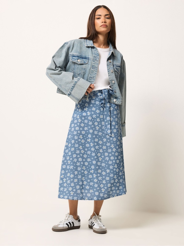 PixieGirl Petite Blue Daisy Belted Midi Skirt - Image 1 of 5 PixieGirl Petite Blue Daisy Belted Midi Skirt - Image 1 of 5