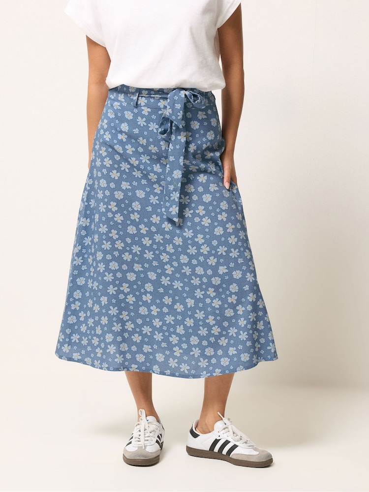 PixieGirl Petite Blue Daisy Belted Midi Skirt - Image 2 of 5 PixieGirl Petite Blue Daisy Belted Midi Skirt - Image 2 of 5