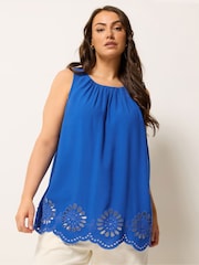 Yours Curve Blue Broderie Angalise Vest Top - Image 1 of 5