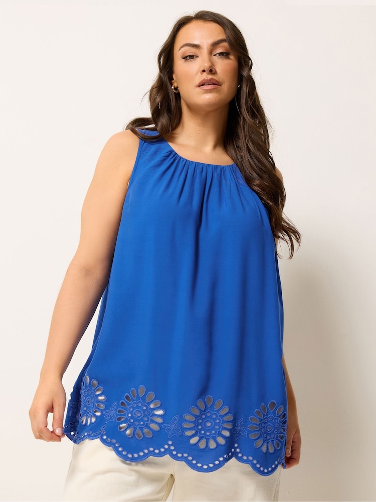 Yours Curve Blue Broderie Angalise Vest Top - Image 1 of 5