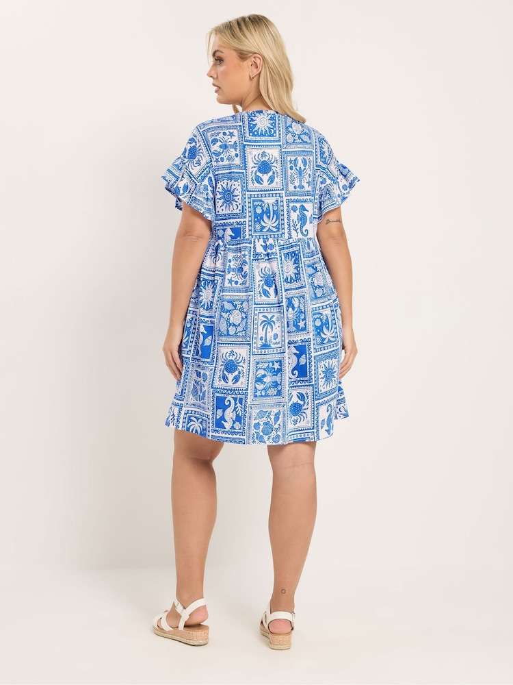 Yours Curve Blue Filled Sleeve Tunic Midi Dress - Image 2 of 5 Yours Curve Blue Filled Sleeve Tunic Midi Dress - Image 2 of 5