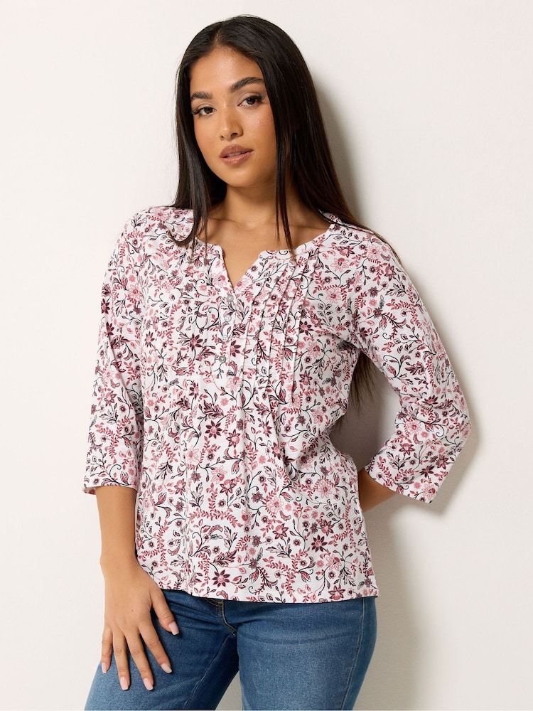 M&Co White 3/4 Sleeve Floral Henley Top - Image 1 of 5