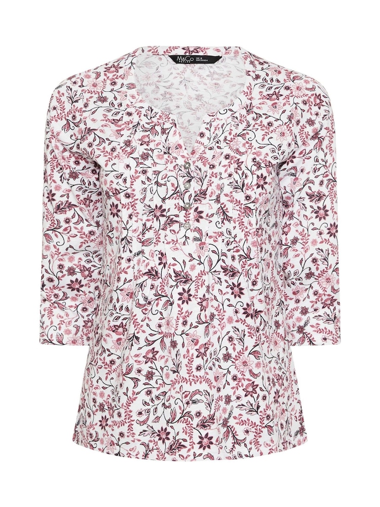 M&Co White 3/4 Sleeve Floral Henley Top - Image 5 of 5