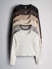 The Set 6 Pack Long Sleeve Cropped Rib Jersey T-Shirts Stripe/Chocolate Brown/Light Brown/Cream - Image 1 of 9