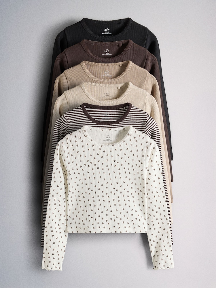 The Set 6 Pack Long Sleeve Cropped Rib Jersey T-Shirts Stripe/Chocolate Brown/Light Brown/Cream - Image 1 of 9 The Set 6 Pack Long Sleeve Cropped Rib Jersey T-Shirts Stripe/Chocolate Brown/Light Brown/Cream - Image 1 of 9