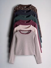Pink/Burgandy Red/Stripe/Floral Print - The Set 6 Pack T Shirt a maniche lunghe a taglio corto in jersey a coste - Immagine 1 di 9