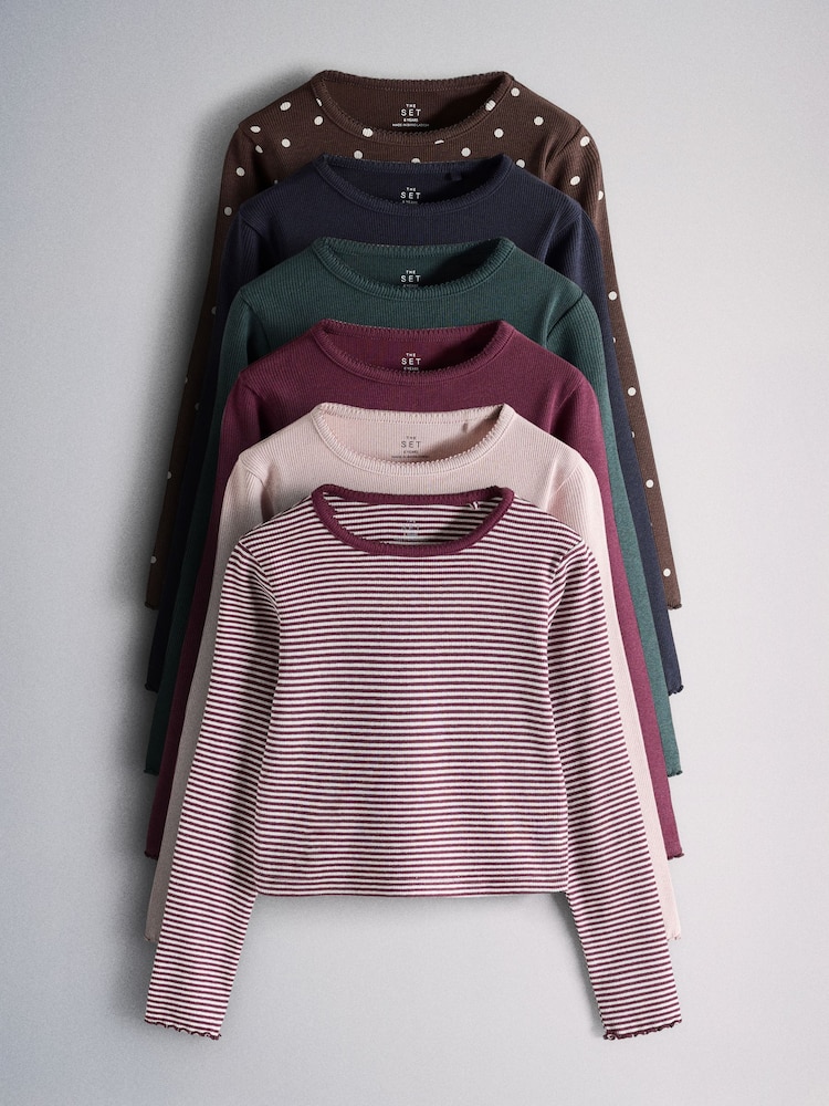 Pink/Burgandy Red/Stripe/Floral Print - The Set 6 Pack T Shirt a maniche lunghe a taglio corto in jersey a coste - Immagine 1 di 9 Pink/Burgandy Red/Stripe/Floral Print - The Set 6 Pack T Shirt a maniche lunghe a taglio corto in jersey a coste - Immagine 1 di 9