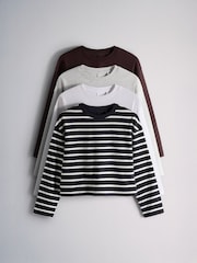 The Set 4 Pack Long Sleeve Seam Detail Cotton T-Shirts White/Grey Marl/Chocolate Brown/Stripe - Image 1 of 7