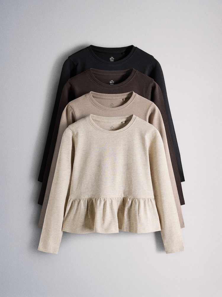 The Set 4 Pack Long Sleeve Peplum Jersey T-Shirts Cream/Brown/Black - Image 2 of 11