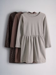The Set 3 Pack Long Sleeve Jersey Skater Dress Chocolate Brown Animal Print/Neutral Stripe - Image 1 of 12