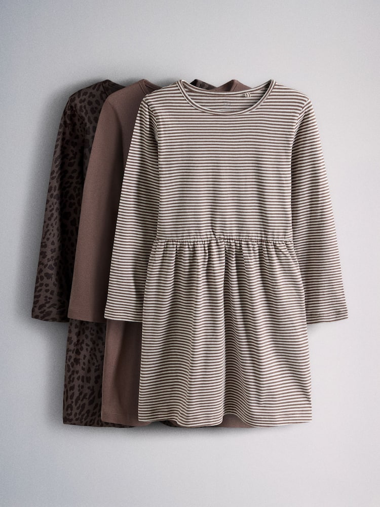 The Set 3 Pack Long Sleeve Jersey Skater Dress Chocolate Brown Animal Print/Neutral Stripe - Image 1 of 12 The Set 3 Pack Long Sleeve Jersey Skater Dress Chocolate Brown Animal Print/Neutral Stripe - Image 1 of 12