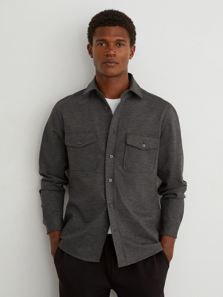 Reiss Charcoal Grey Mcshane Twin-Pocket Button-Through Overshirt - Image 1 of 6 Reiss Charcoal Grey Mcshane Twin-Pocket Button-Through Overshirt - Image 1 of 6