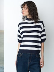 French Connection Blue Larisa Knit Short Sleeve Striped Jumper - Image 1 of 6