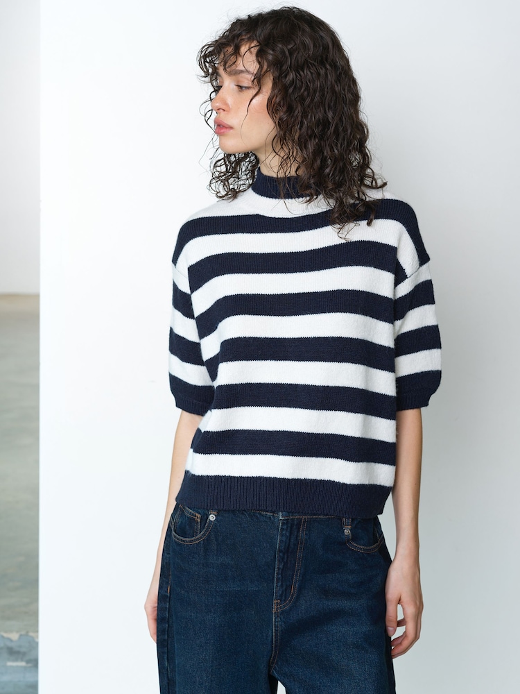 French Connection Blue Larisa Knit Short Sleeve Striped Jumper - Image 1 of 6