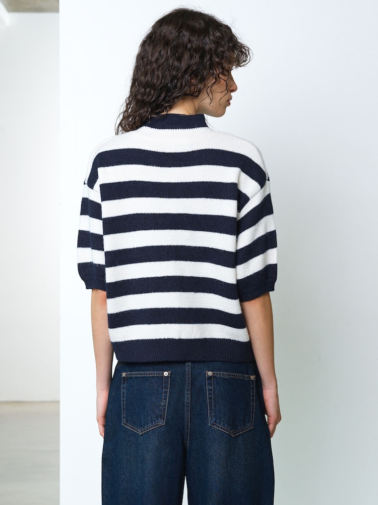 French Connection Blue Larisa Knit Short Sleeve Striped Jumper - Image 2 of 6
