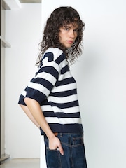 French Connection Blue Larisa Knit Short Sleeve Striped Jumper - Image 3 of 6
