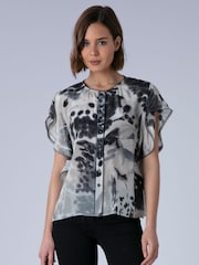 Religion Black Ara Loose Fitting Blouse Top with Ruffles and Lace Trim Abstract Orchid print - Image 1 of 7