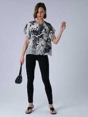 Religion Black Ara Loose Fitting Blouse Top with Ruffles and Lace Trim Abstract Orchid print - Image 2 of 7