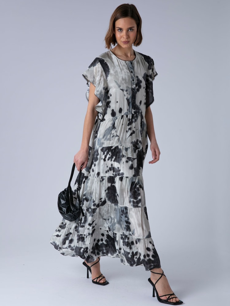 Religion Black Ara Maxi Occasion Dress With Ruffle Sleeves And Lace Trim - Image 1 of 5