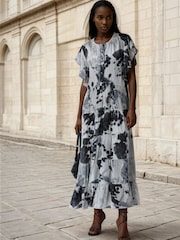 Religion Black Ara Maxi Occasion Dress With Ruffle Sleeves And Lace Trim - Image 6 of 6