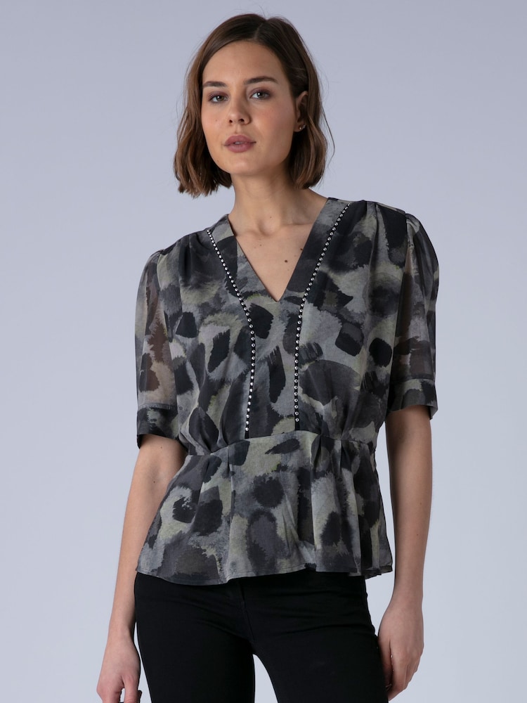 Religion Animal Violet V-Neck Top In Neutral Ocelot Print With Puff Sleeves And Stud Trim - Image 1 of 7