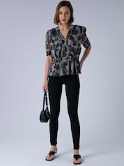Religion Animal Violet V-Neck Top In Neutral Ocelot Print With Puff Sleeves And Stud Trim - Image 2 of 7