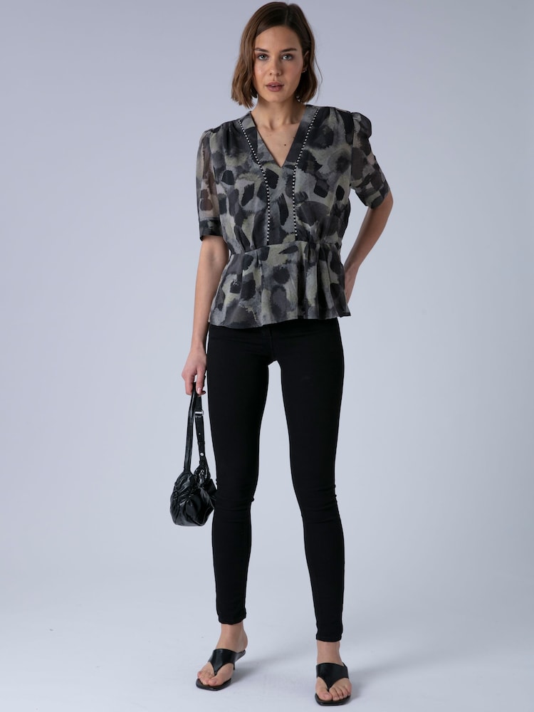 Religion Animal Violet V-Neck Top In Neutral Ocelot Print With Puff Sleeves And Stud Trim - Image 2 of 7