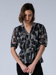Religion Animal Violet V-Neck Top In Neutral Ocelot Print With Puff Sleeves And Stud Trim - Image 3 of 7