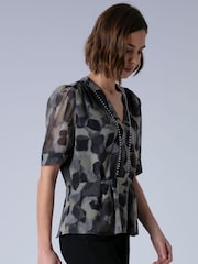 Religion Animal Violet V-Neck Top In Neutral Ocelot Print With Puff Sleeves And Stud Trim - Image 5 of 7