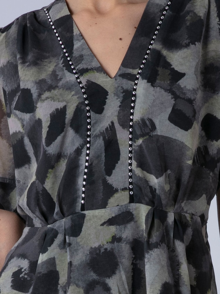 Religion Animal Violet V-Neck Top In Neutral Ocelot Print With Puff Sleeves And Stud Trim - Image 7 of 7