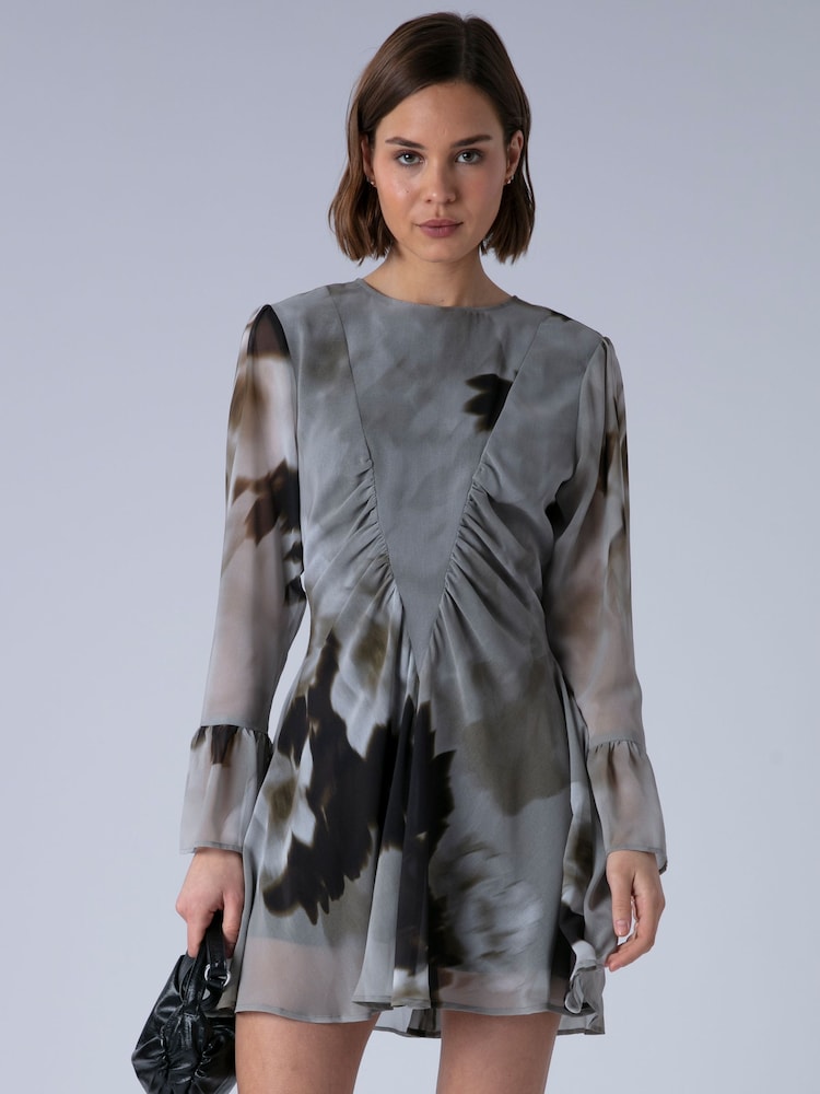 Religion Grey Corinne Cute Mini Dress With Flute Sleeve In Soft Floral Print - Image 1 of 7