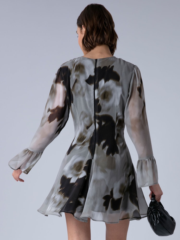 Religion Grey Corinne Cute Mini Dress With Flute Sleeve In Soft Floral Print - Image 2 of 7