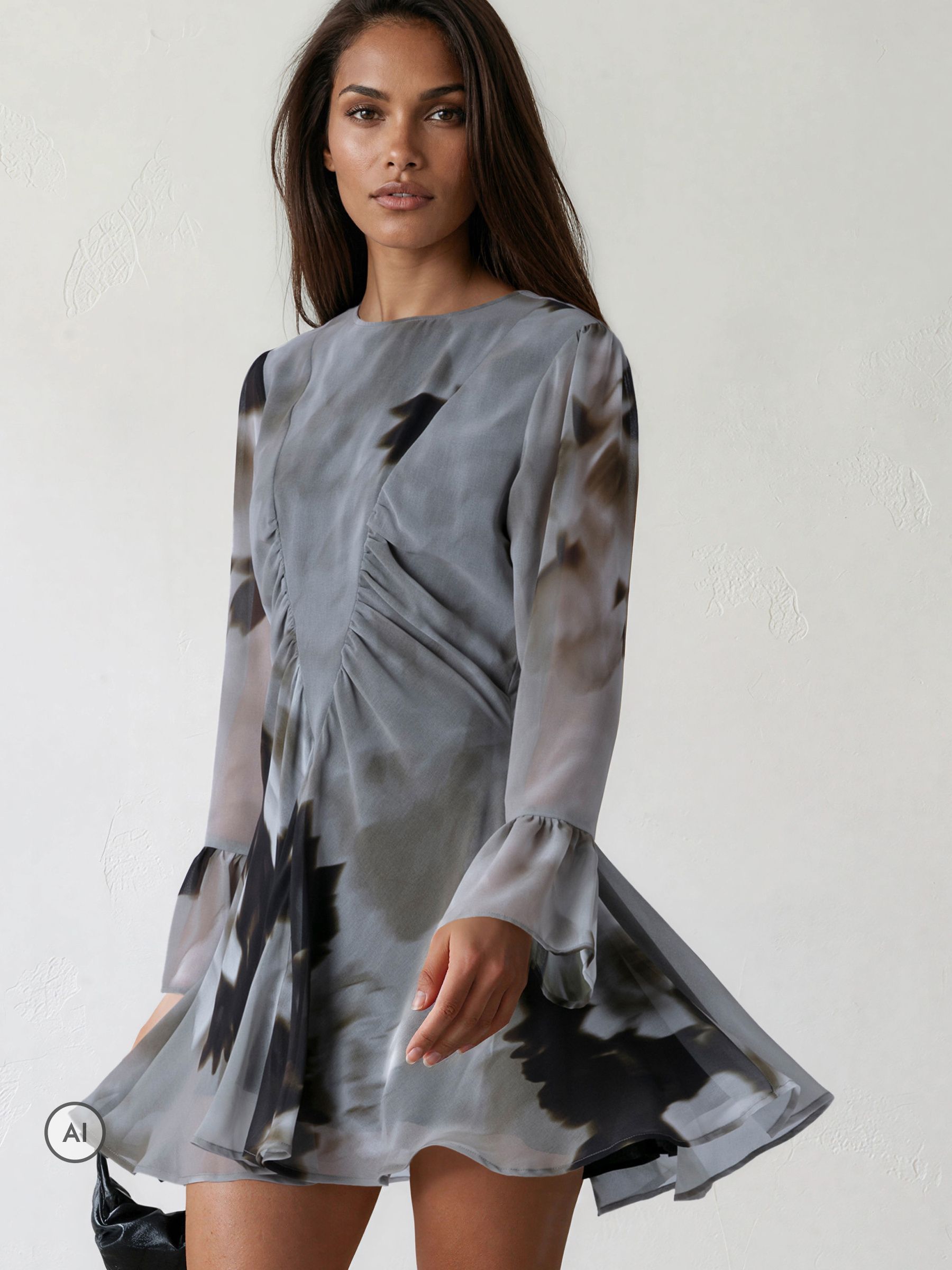Buy Religion Grey Corinne Cute Mini Dress With Flute Sleeve In
