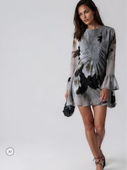 Religion Grey Corinne Cute Mini Dress With Flute Sleeve In Soft Floral Print - Image 8 of 8