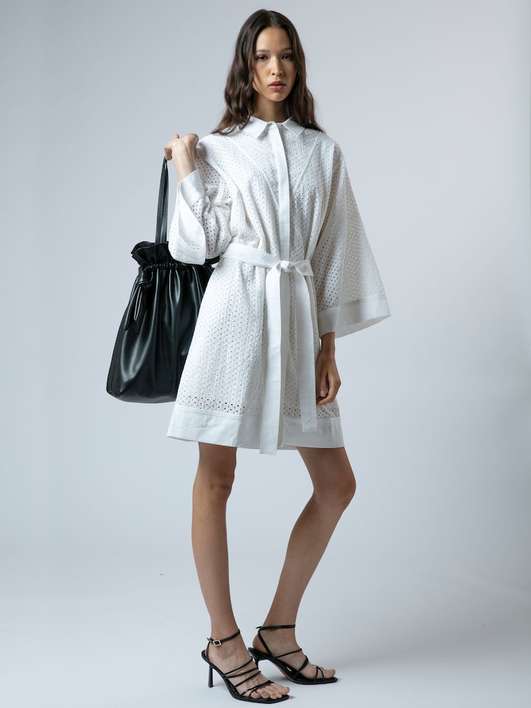 Religion White Embroidery Anglais Ffion Pretty Tunic Dress With Kimono Sleeve And Tie Belt - Image 2 of 5