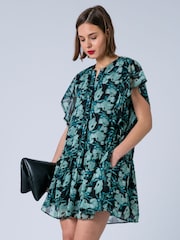 Religion Green Ara Tunic Mini Dress With Ruffle Sleeves And Lace Trim In Prime Ditsy Floral Print - Image 2 of 8
