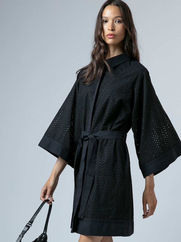 Religion Black Embroidery Anglais Ffion Pretty Tunic Dress With Kimono Sleeve And Tie Belt - Image 2 of 6