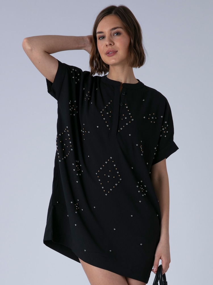 Religion Black Sarah Heavily Embellished Tunic Dress with Silver and Gold Studs - Image 1 of 8