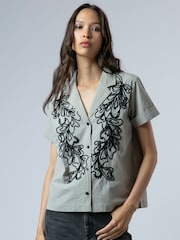 Religion Grey Sophie Blouse Shirt In Cotton With Black Contrast Floral Beading - Image 1 of 6