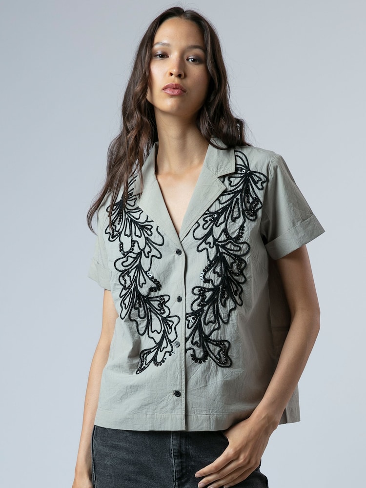 Religion Grey Sophie Blouse Shirt In Cotton With Black Contrast Floral Beading - Image 1 of 6