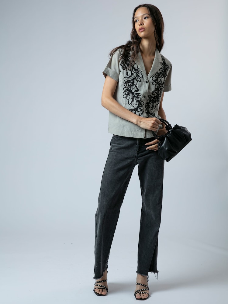 Religion Grey Sophie Blouse Shirt In Cotton With Black Contrast Floral Beading - Image 2 of 6