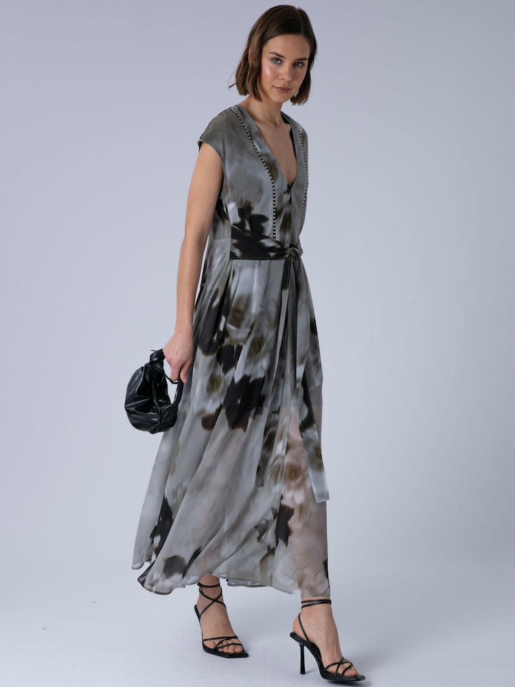 Religion Grey Lilian Maxi V-Neck Occasion Dress With Tie Waist and Stud Neck trim in Ocelot - Image 1 of 6