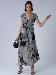 Religion Grey Lilian Maxi V-Neck Occasion Dress With Tie Waist and Stud Neck trim in Ocelot - Image 2 of 6