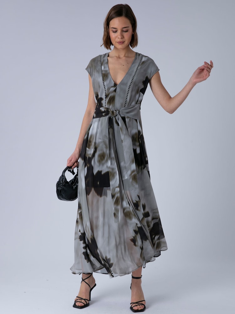 Religion Grey Lilian Maxi V-Neck Occasion Dress With Tie Waist and Stud Neck trim in Ocelot - Image 2 of 6