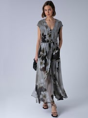 Religion Grey Lilian Maxi V-Neck Occasion Dress With Tie Waist and Stud Neck trim in Ocelot - Image 4 of 6