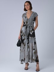 Religion Grey Lilian Maxi V-Neck Occasion Dress With Tie Waist and Stud Neck trim in Ocelot - Image 6 of 6