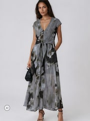 Religion Grey Lilian Maxi V-Neck Occasion Dress With Tie Waist and Stud Neck trim in Ocelot - Image 7 of 8
