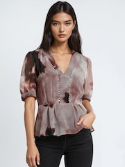 Religion Pink Violet V-Neck Top In Neutral Ocelot Print With Puff Sleeves And Stud Trim - Image 1 of 6
