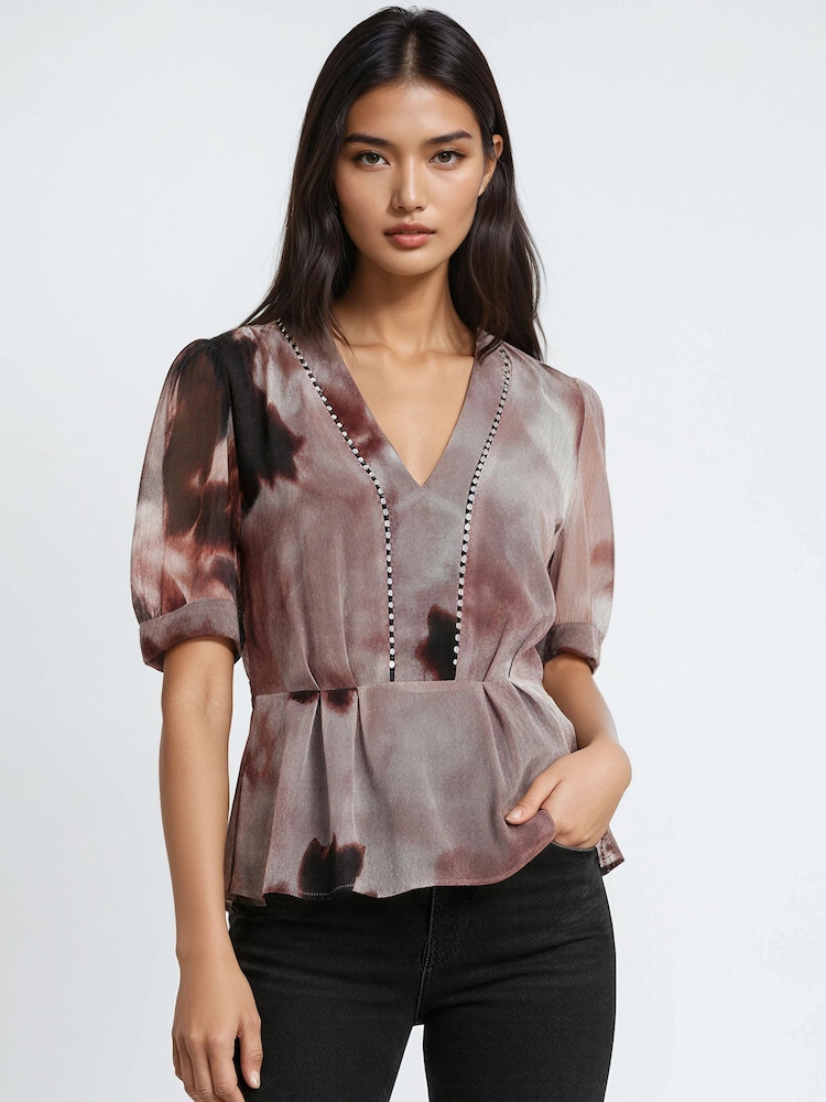 Religion Pink Violet V-Neck Top In Neutral Ocelot Print With Puff Sleeves And Stud Trim - Image 1 of 6