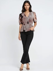 Religion Pink Violet V-Neck Top In Neutral Ocelot Print With Puff Sleeves And Stud Trim - Image 3 of 6